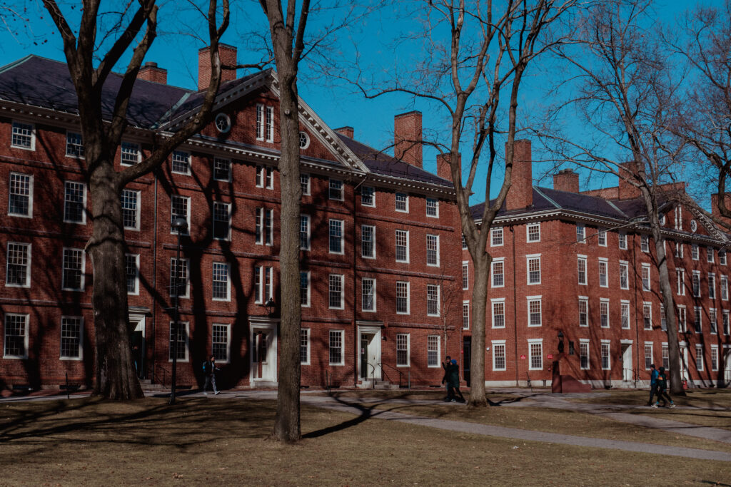 Students walk to class at Harvard. 
