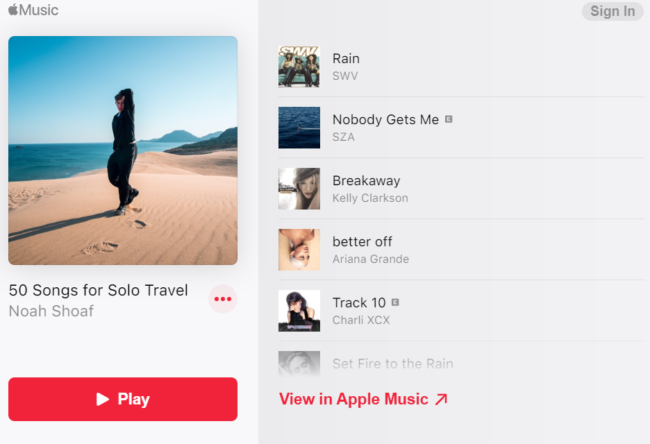 A screenshot an Apple Music playlist created, listing 50 songs for solo travel. 