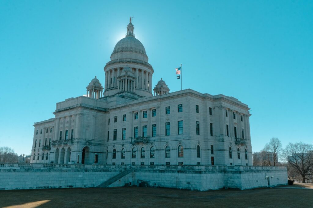 The Rhode Island Statehouse stands tall as the morning starts in Rhode Island. 