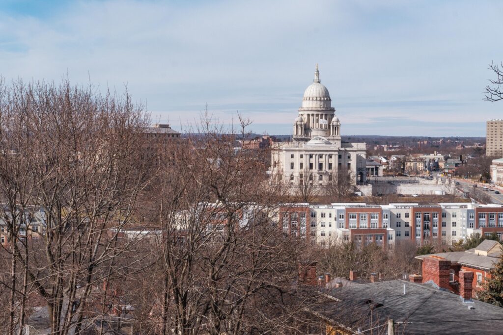 The view of the Rhode Island State House from Prospect Terrace. 
