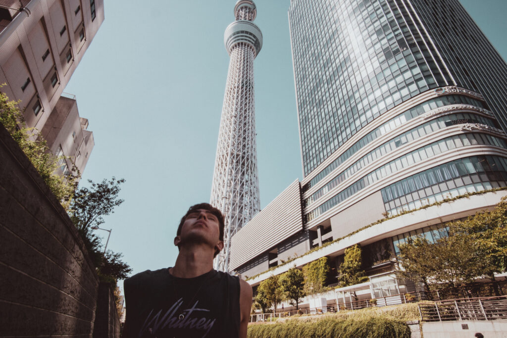 Noah poses infront of Tokyo Skytree. 