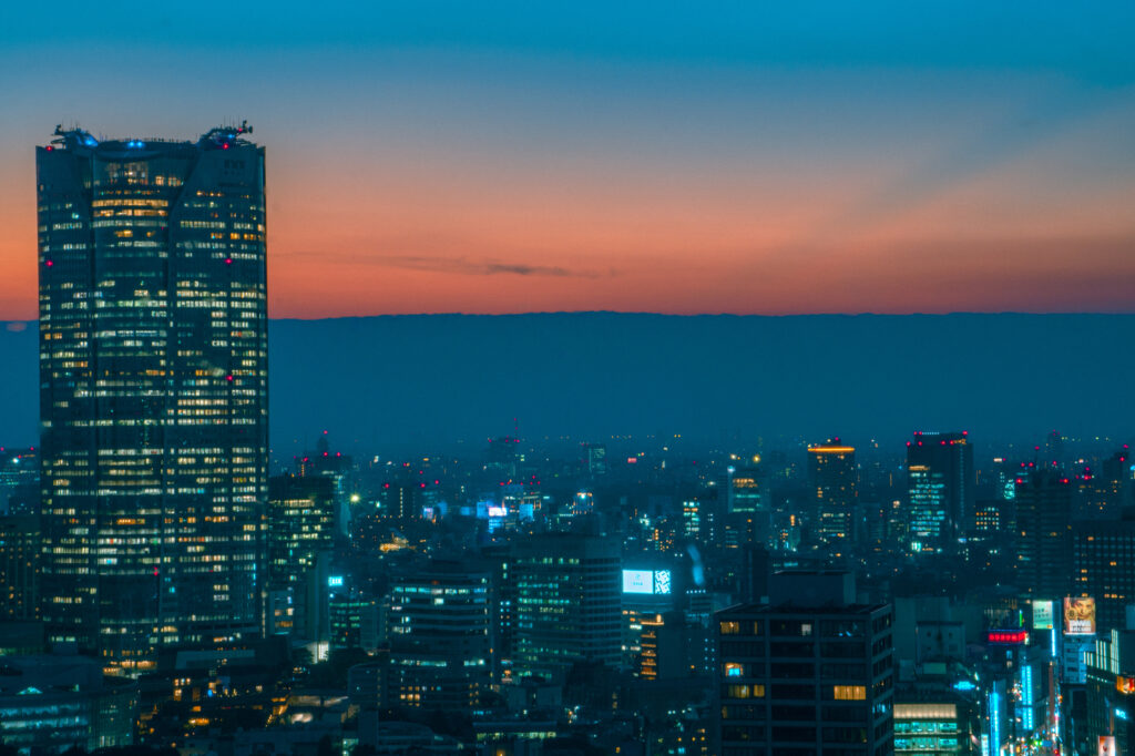 The view of Tokyo from the Tokyo Tower during sunset. 
