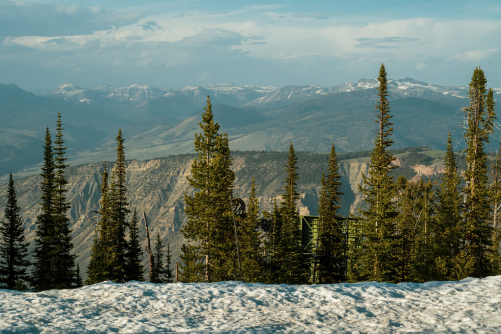 Snow covers a mountain in Yellowstone National Park. 