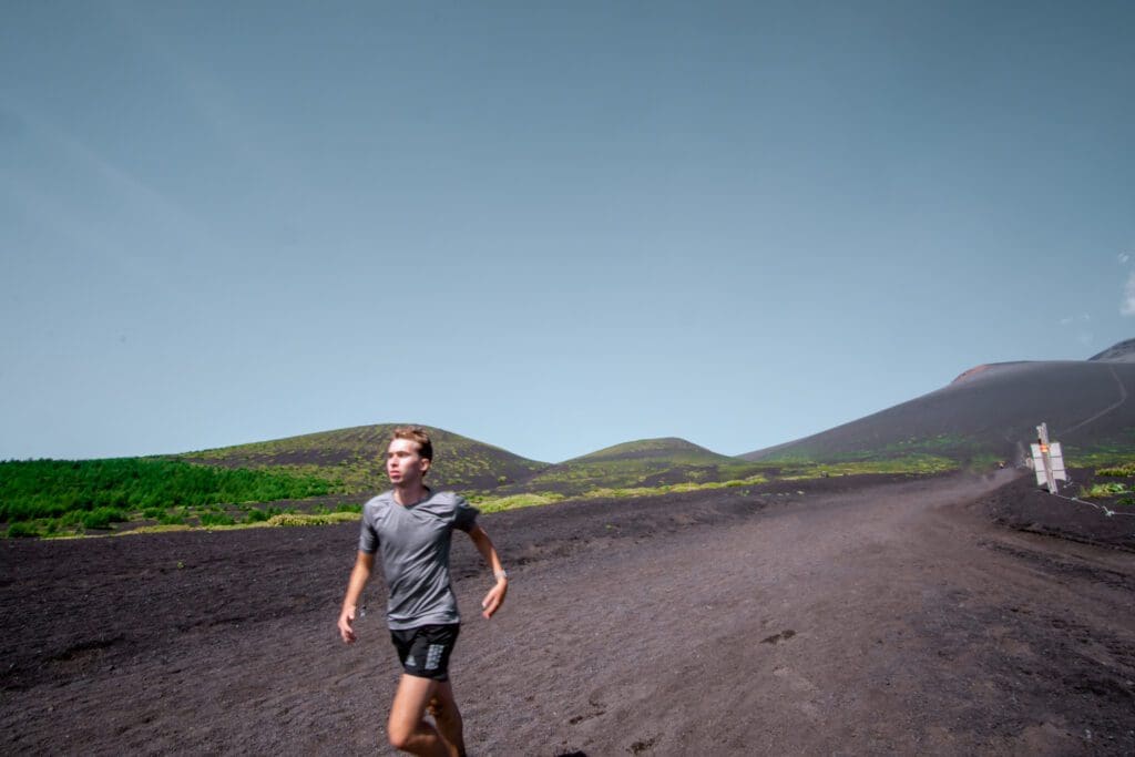 Noah runs down the Gotemba Trail on Mt. Fuji. 