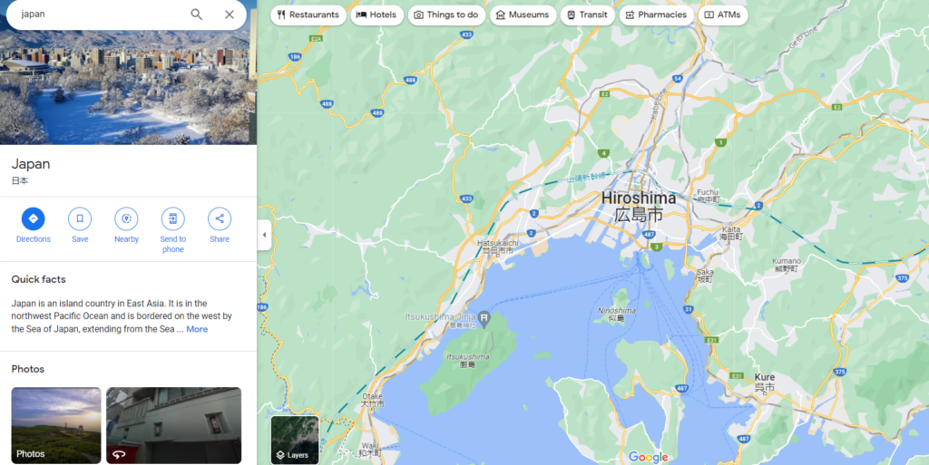 a screenshot of Japan in Google Maps
