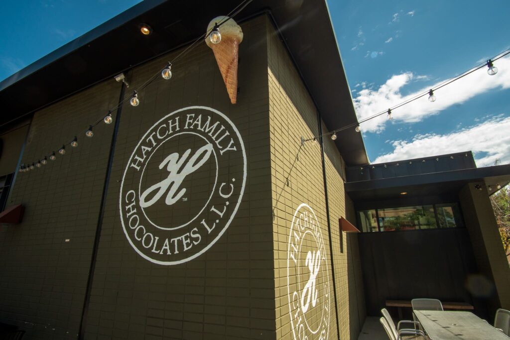 The outside signage for Hatch Family Chocolates in Salt Lake City. 