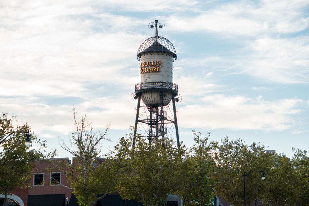 The water tower at Trolley Square lights up in the afternoon.