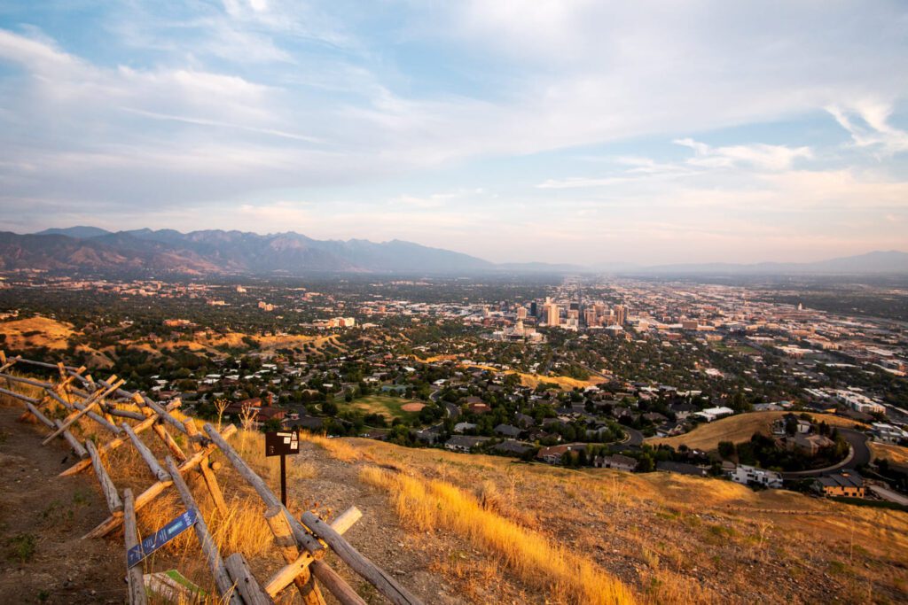 View of Salt Lake Valley and Wasatch Mountains from the top of Ensign Peak