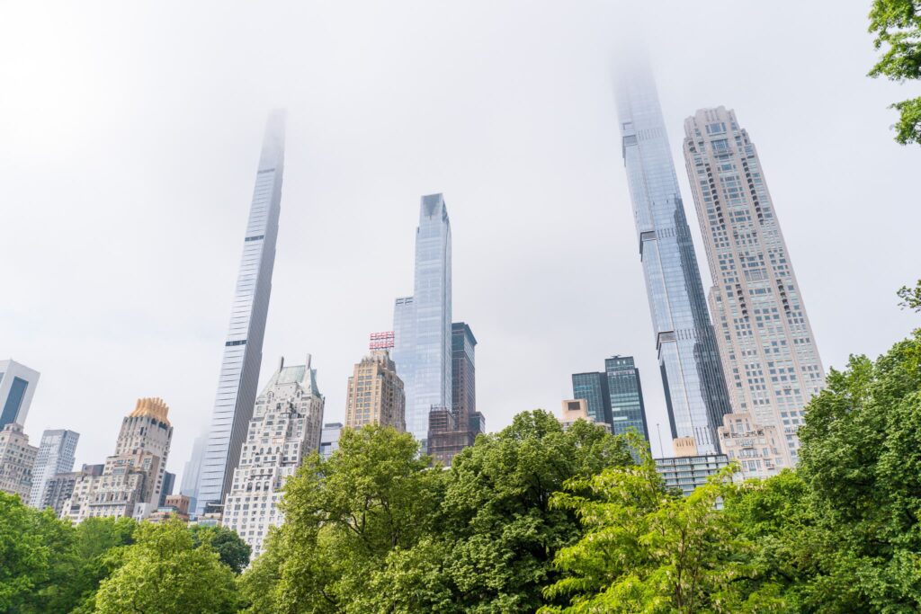 The view of Manhattan's tower from Umpire Rock in Central Park.