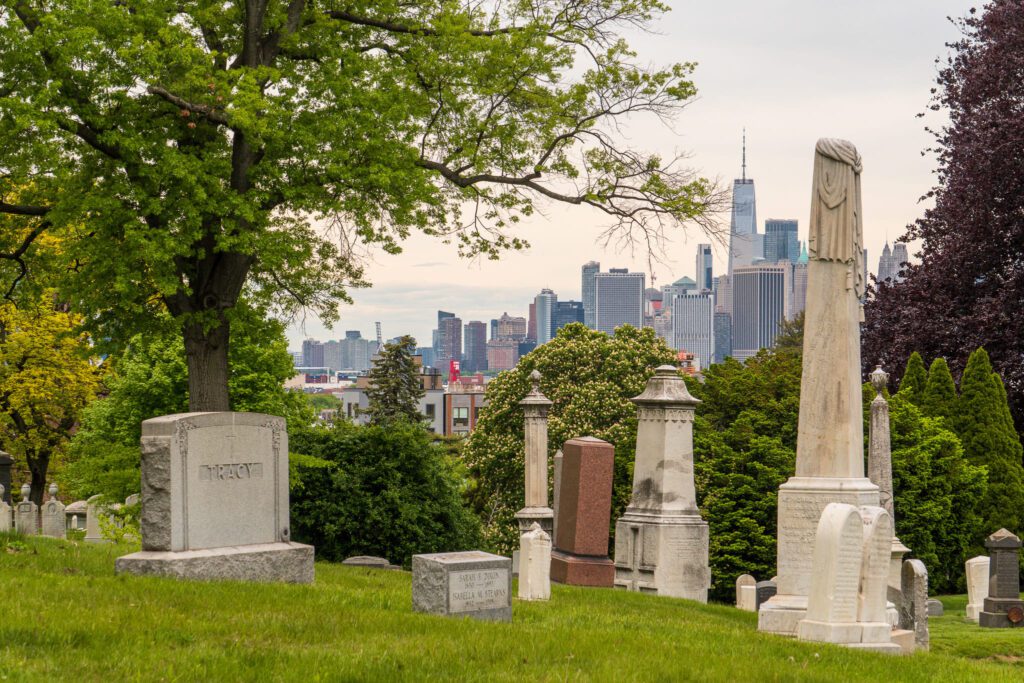 View of the Freedom Tower and lower Manhattan from Green-Wood Cemetary in Brooklyn