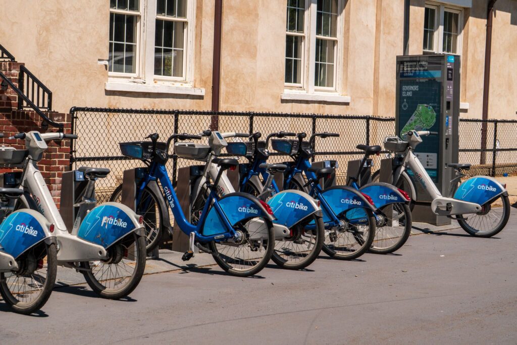 Bikes are docked at a Citi Bike Station in New York City on Governor's Island.