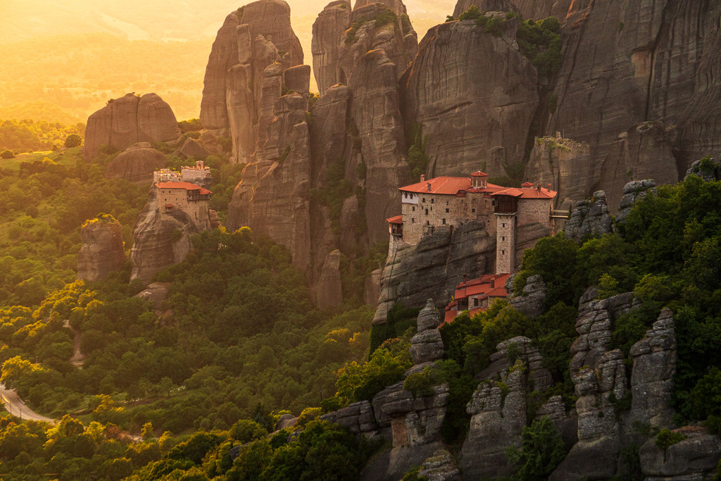 The sunset fills the sky in Meteora, Greece. 