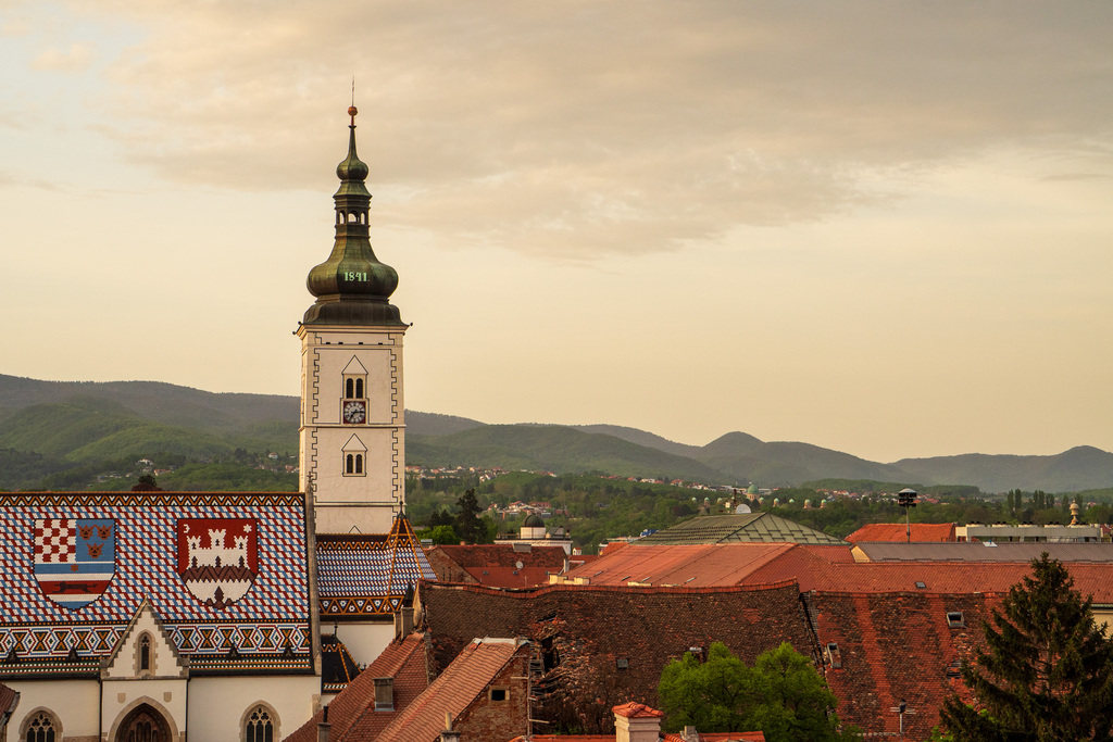 The sun starts to set in Zagreb, Croatia. 