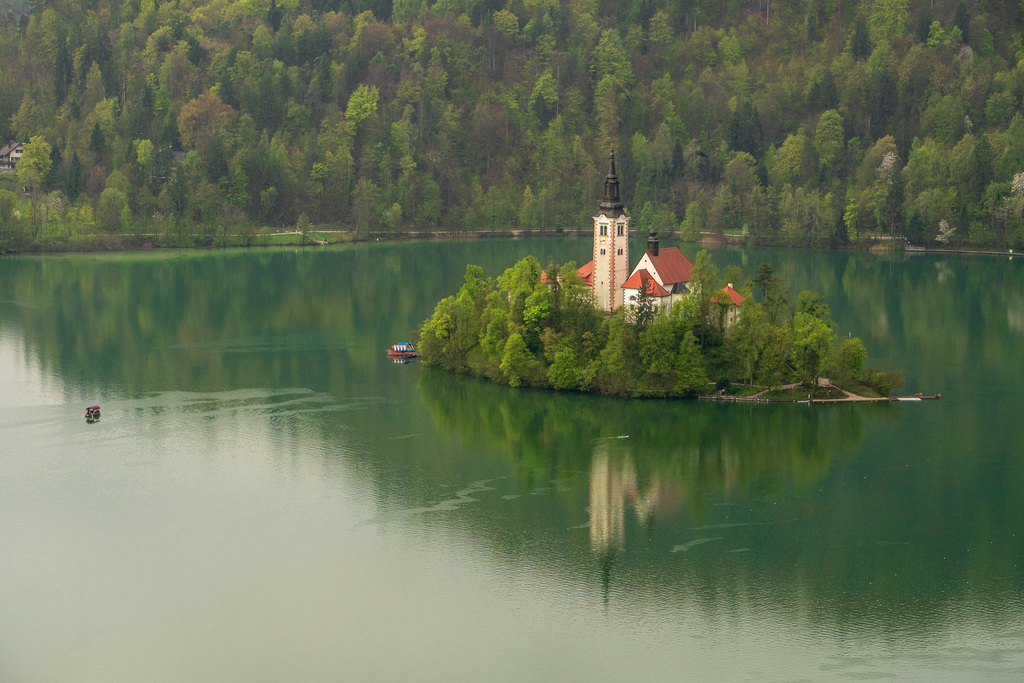 The Church of the Assumption of the Blessed Virgin Mary sits on an island on Lake Bled.