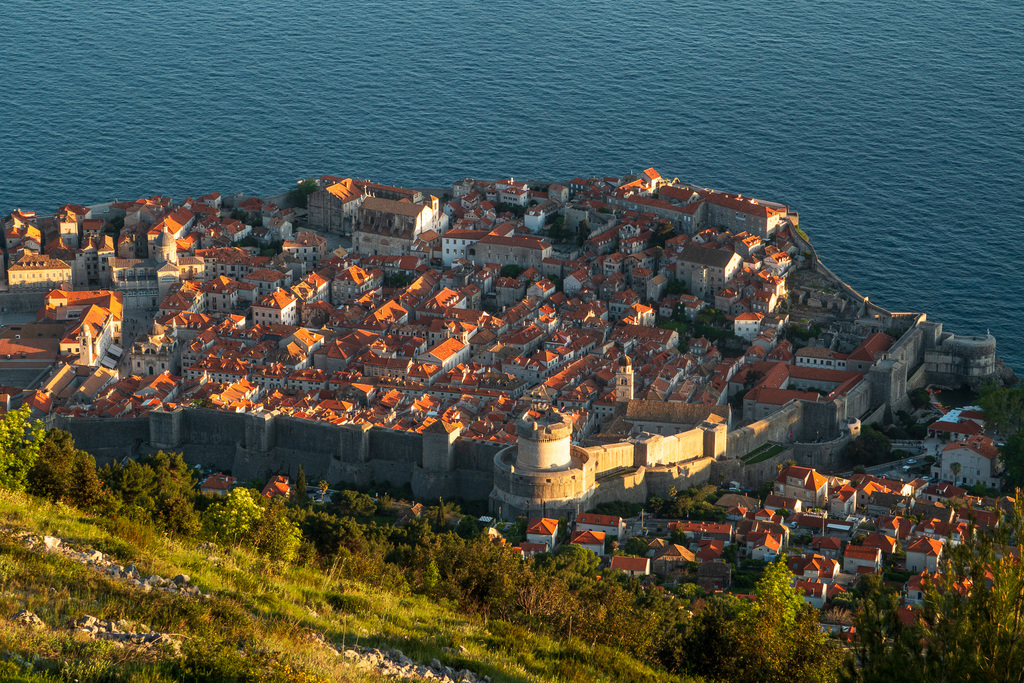 View of Dubrovnik's city walls from the mountainside. 