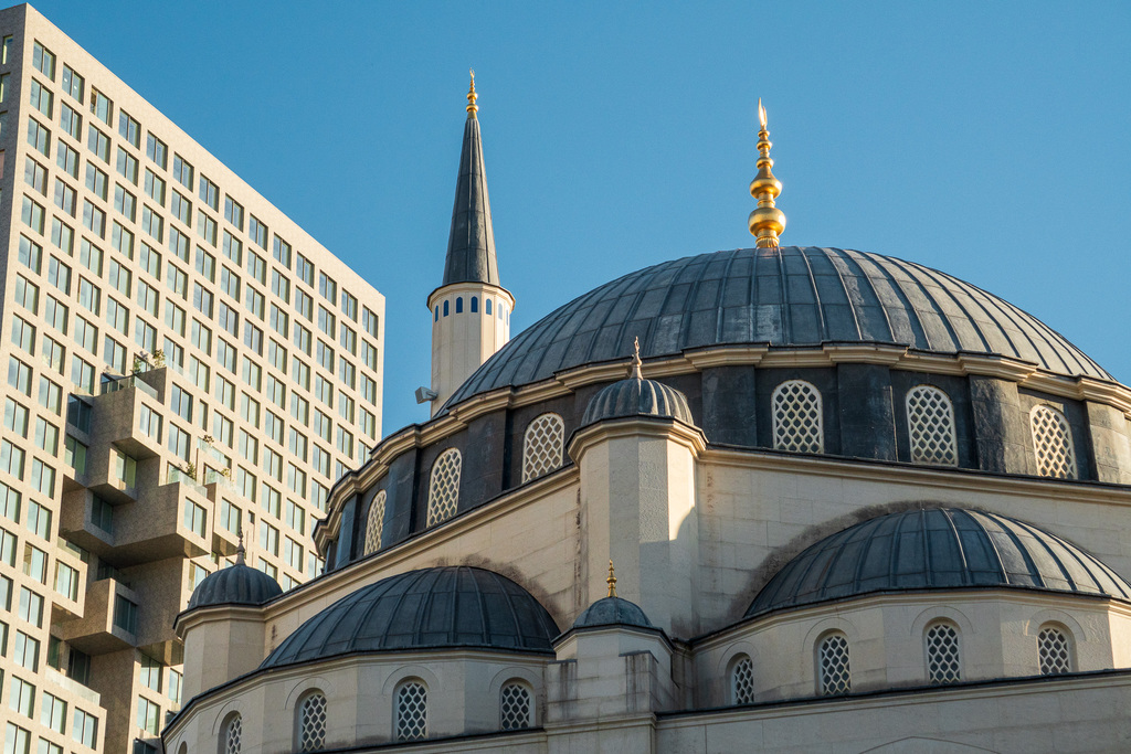 A mosque stand tall in downtown Tirana, Albania. 