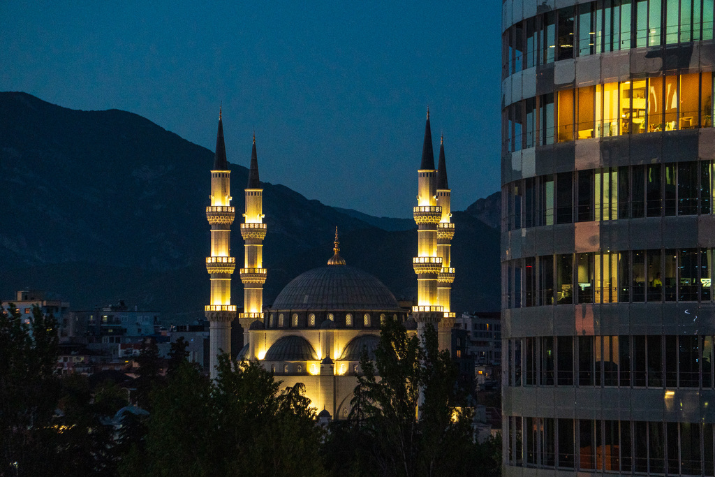 A large mosque fills the skyline in Tirana, Albania. 