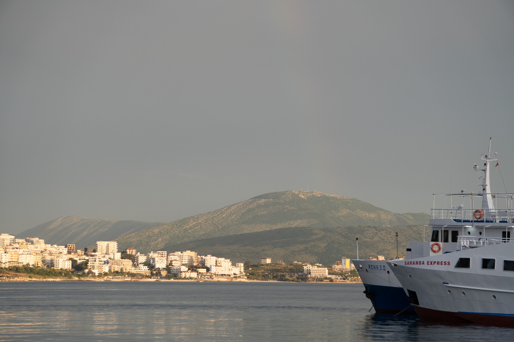 A ferry is docked in the Port of Saranda, Albania. 