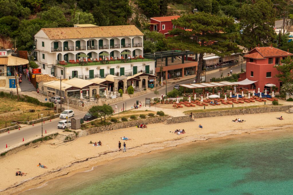 Beach sit on a beach in Corfu, Greece. 