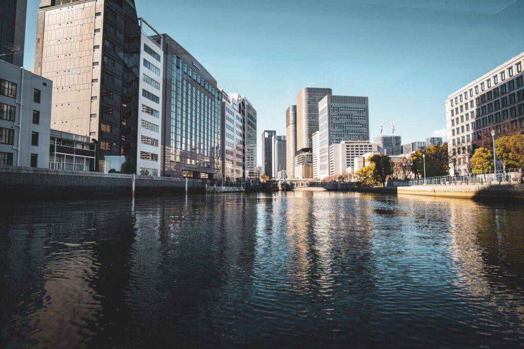 A view of Osaka from a river cruise