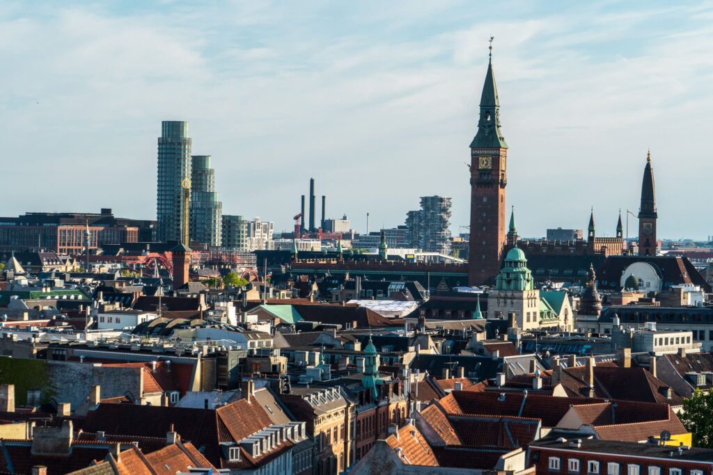 The view of the city skyline in Copenhagen from the top of the Round Tower.