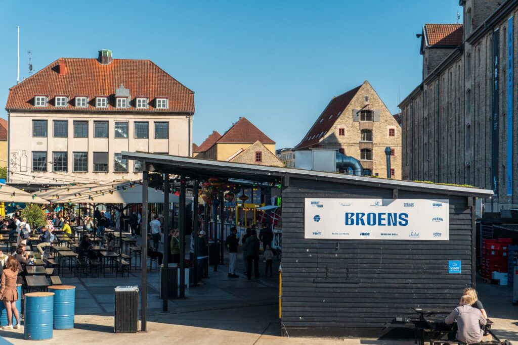 The outside fascade of Broens Street Food in Copenhagen, Denmark.