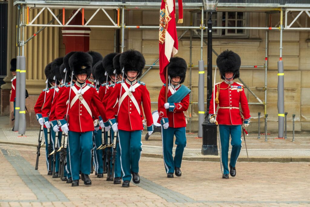 The Guards march at Amalienborg Palace during a birthday celebration for the King.