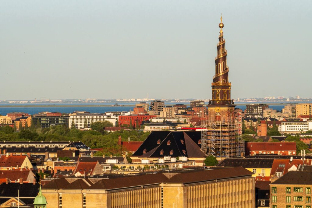 The Spire of the Church of Our Saviour glows during sunset.